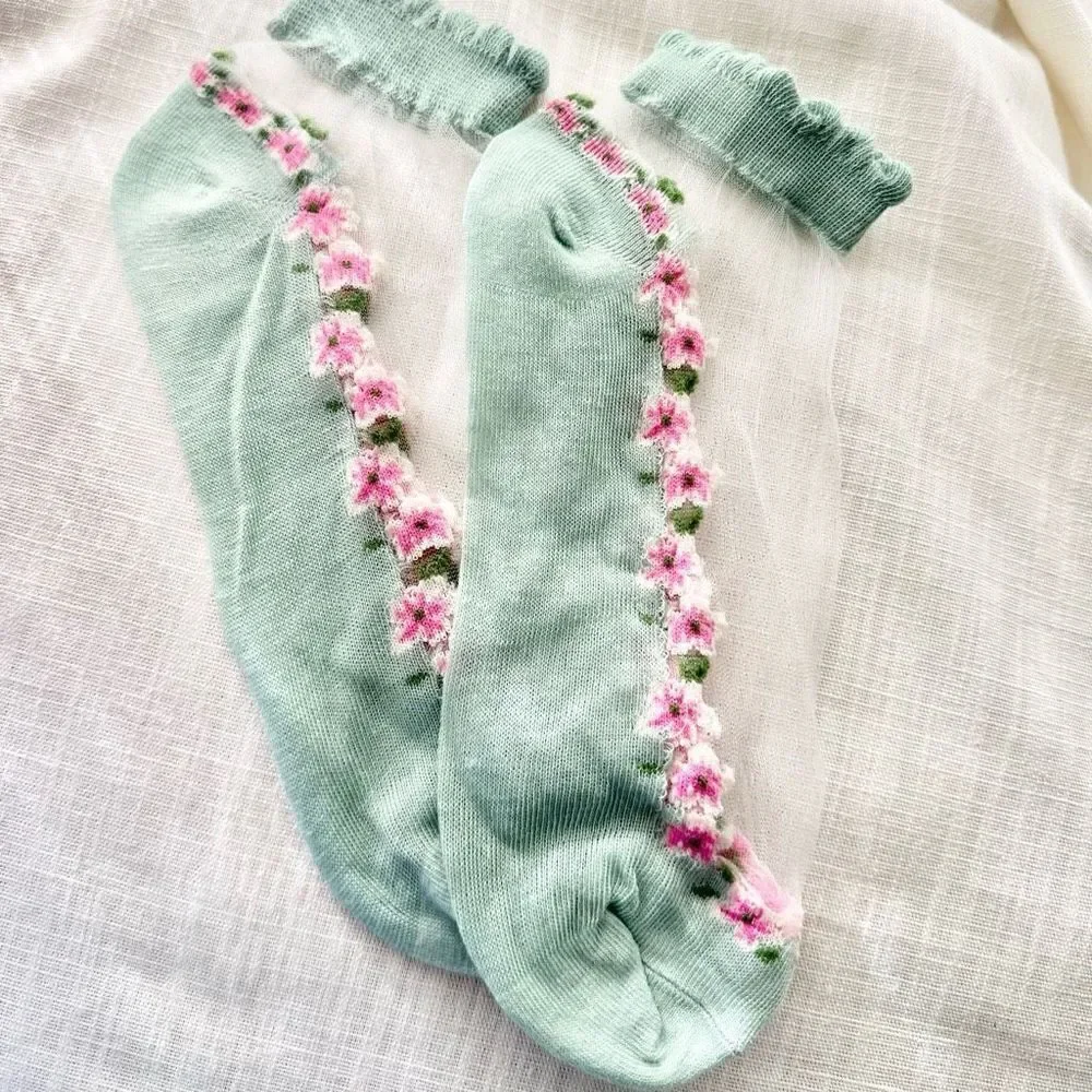 Light green sheer socks with pink flowers